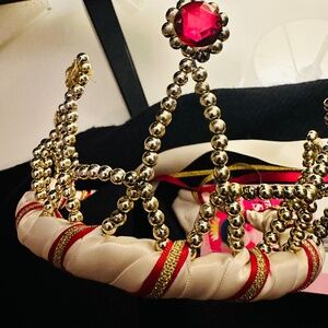 Gold Beaded Tiara with red, gold, cream hanging ribbons